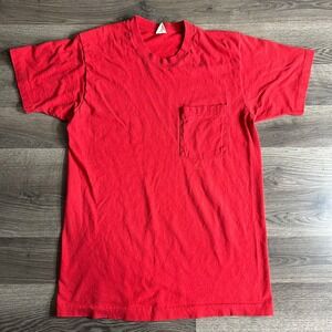 VTG Selvedge Pocket T Shirt Fits Small Fruit of the Loom 80s Plain Blank Tee Red